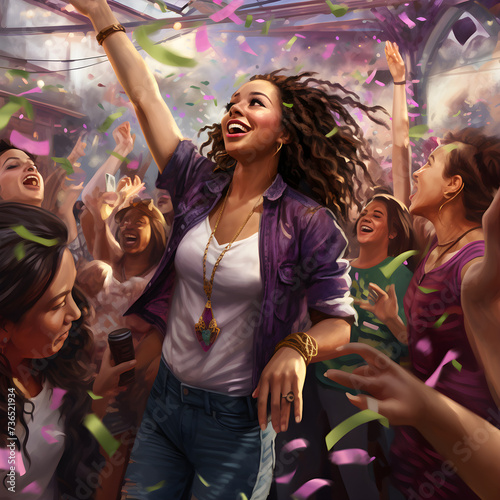 Join in the festivities as a woman celebrates Women's Day with a vibrant party filled with music, dancing, and laughter, depicted with photorealistic detail.