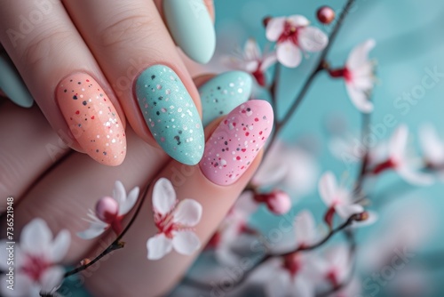 Female hands with beautiful Easter inspired pastel colors nail design on long almond form nails. Woman hands with trendy polish manicure on background with spring flowers photo