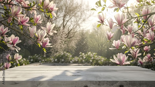 an empty light grey wooden table set against the backdrop of a lush garden with a blooming magnolia tree, evoking a sense of tranquility and natural beauty.