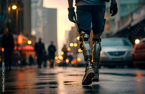 hyper realistic photo . Low angle view at disabled young man with prosthetic leg walking along the street .close up.