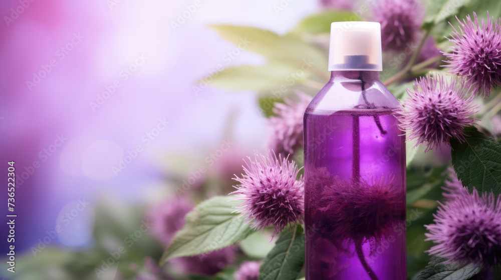 Burdock shampoo and blurred background with Burdock blooms. Burdock shampoo and blurred background with Burdock blooms.