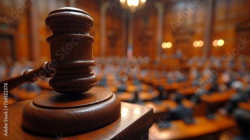 A wooden judges gavel sits on a table in a courtroom, creating a still life photography scene with wood and metal elements