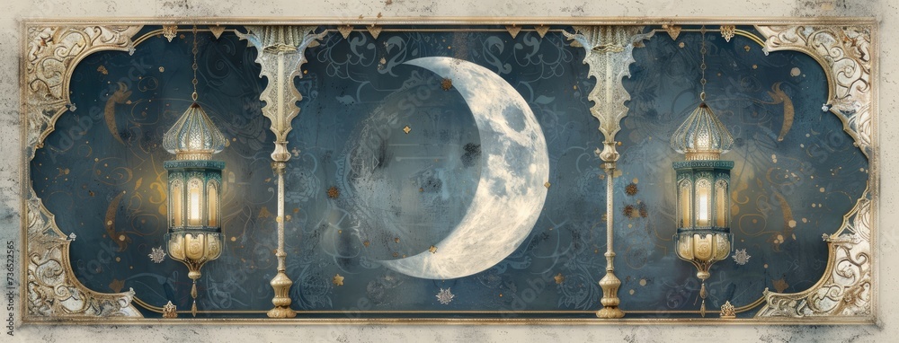 hanging lanterns and a crescent moon, in the style of opulent wall hangings, featuring a color palette of dark white and sky-blue, adorned with intricate decorative borders and patterns.