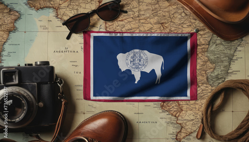 Wyoming flag lies on the map surrounded by camera, glasses, travel and tourism concept photo