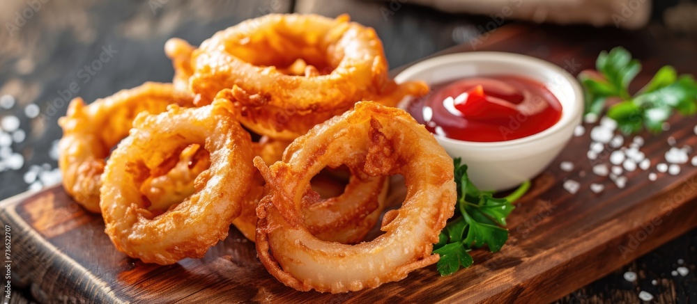 Deep-fried onion rings with ketchup on a wooden board, close-up. Deep-fried onion rings with ketchup on a wooden board, close-up.