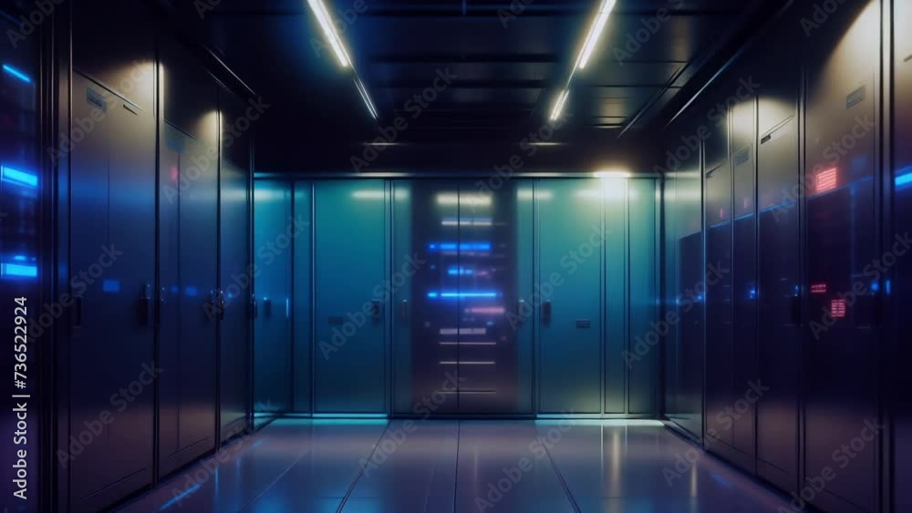 Server room with neon lights. Networks and global communication background. AI generated loop. Server room with neon lights. Networks and global communication background. AI generated loop.