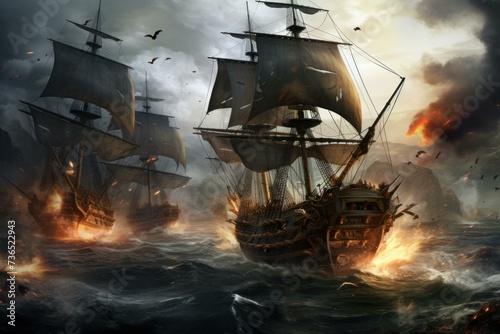 Thrilling Pirate ships battle. Sail war fog. Generate Ai photo