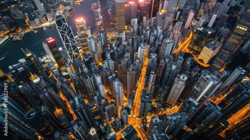 Aerial view of big city at night with skyscrapers