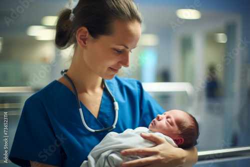 Young nurse holding newborn baby in her arms in maternity ward. After birth concept. Female Pediatrician Care at Hospital.