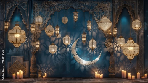 hanging lanterns and a crescent moon, in the style of opulent wall hangings, featuring a color palette of dark white and sky-blue, adorned with intricate decorative borders and patterns.