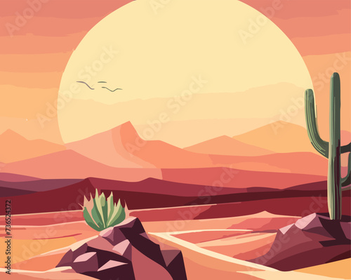 Desert landscape abstract art background. Texas western mountains and cactuses. Vector illustration of Wild West desert with red sky and sun. Design element for banner  flyer  card  sign template.