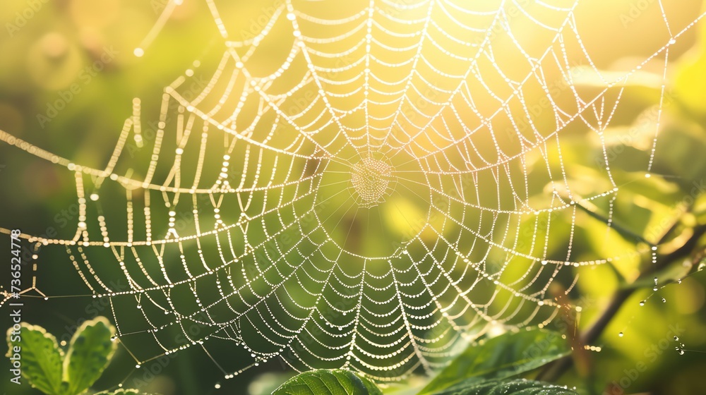Explore the mesmerizing beauty of nature with this enchanting macro capture of morning dew adorning a delicate spider web. Sunlight dances on the intricate patterns, illuminating glistening