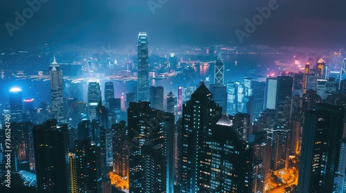 Aerial landscape of city with skyscrapers and skyline at night with huge modern architecture