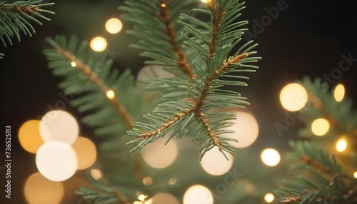 A close-up of a Christmas tree branch with soft focus lights in the background
