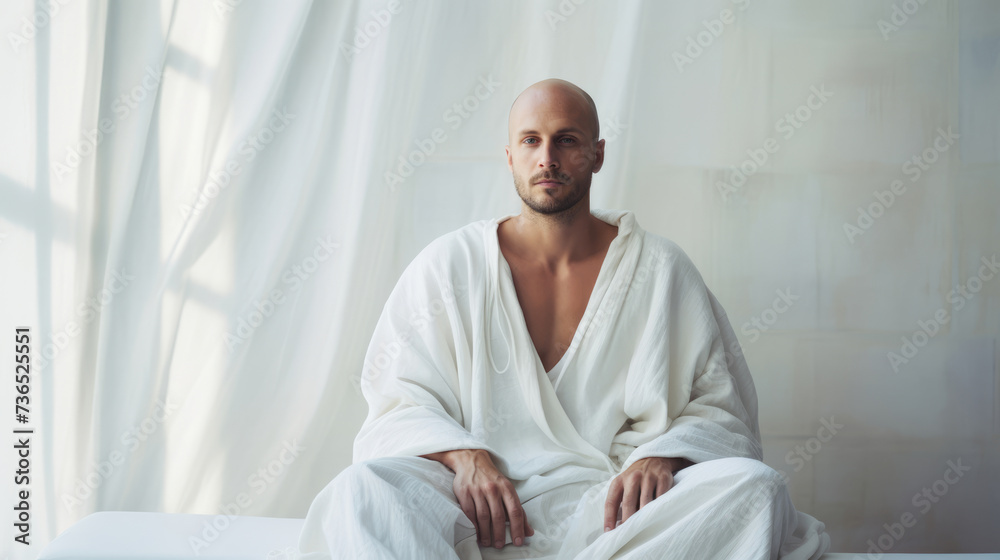 Man in a white bathrobe relaxing at home on a light background Man in a white bathrobe relaxing at home on a light background