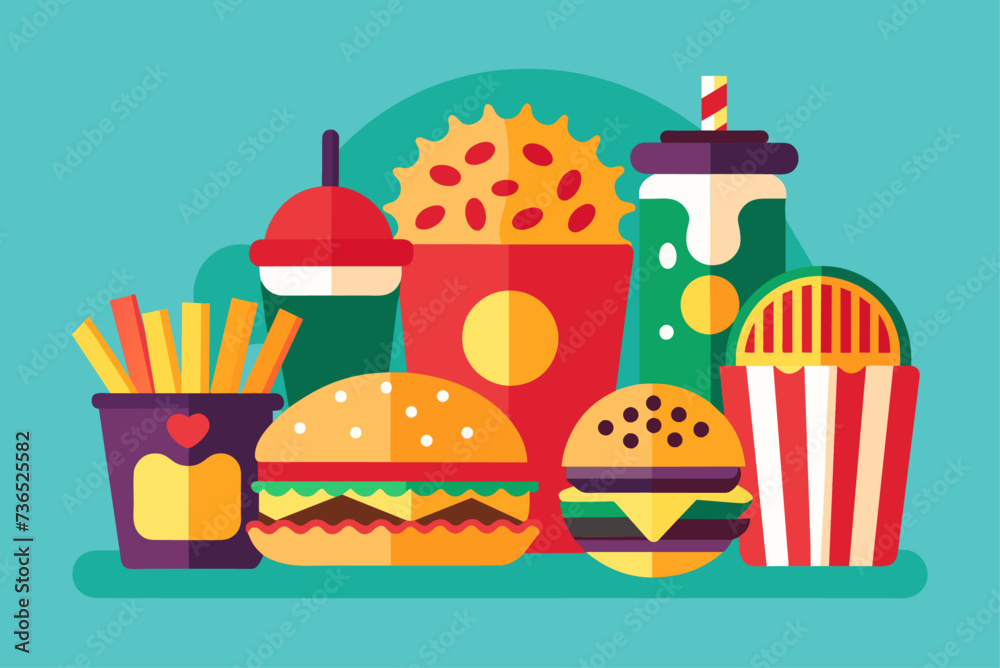 different types of fast foods vector based image simple flat, hamburger ...