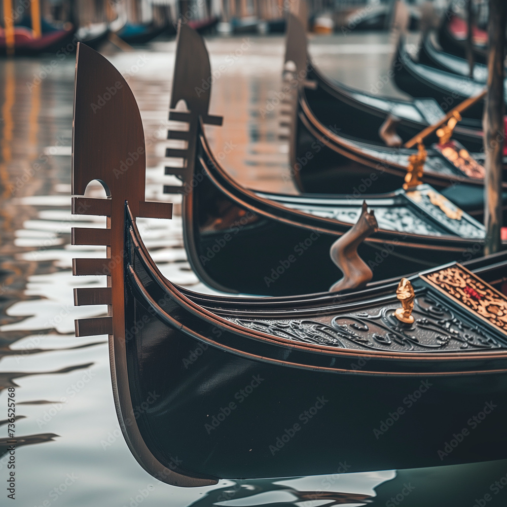 Elegant Venetian Gondolas Floating on Serene Water - obrazy, fototapety, plakaty 