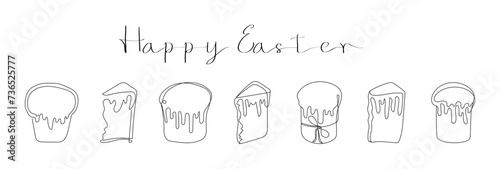 Set of Easter Kulich cakes with icing. With text Happy Easter. Continuous one line drawing. Traditional Ukrainian Easter cupcakes. Black vector illustration isolated on white. Design element