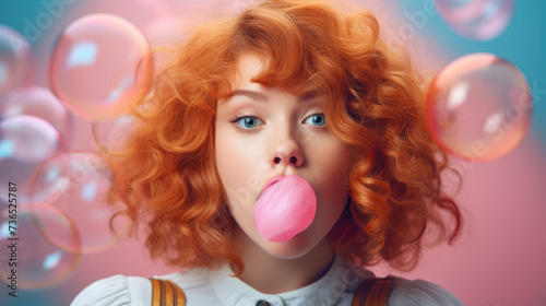 Girl blows a bubble from bubble gum on a bright vibrant background