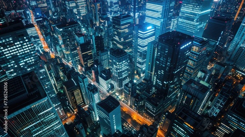 Big city from top view at night with huge buildings and street lights.