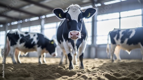 A close-up portrait of a dairy cow in a barn photo