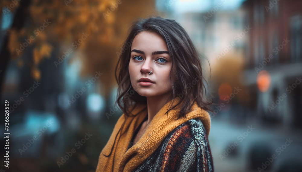 Young woman with brown hair, looking at camera, exuding elegance generated by AI