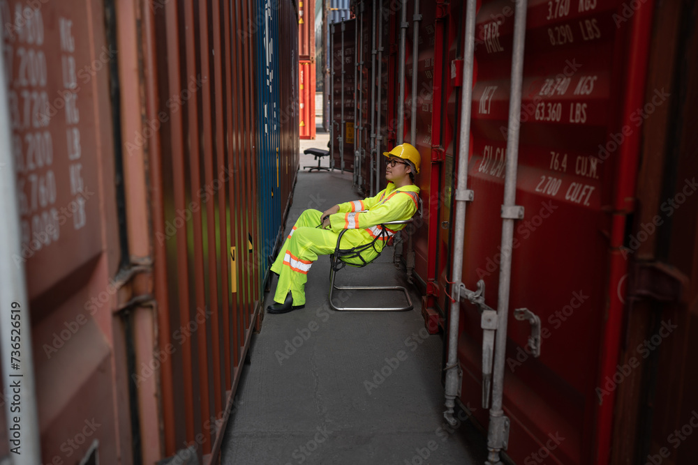 Relax Asia foreman sit at container site 