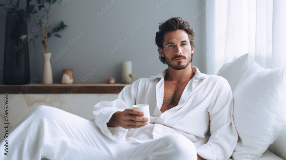 Man in a white bathrobe relaxing at home on a light background Man in a white bathrobe relaxing at home on a light background