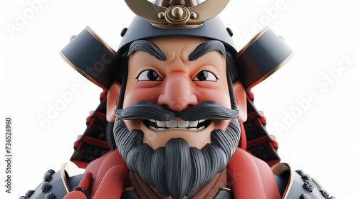 A delightful 3D illustration of a beaming samurai, radiating positivity and strength. This close-up portrait captures the captivating charm of a legendary warrior on a clean white background © Design