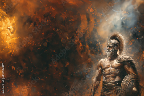 Dieu Ares, dieu de la guerre, dans la mythologie grecque, fils de Zeus et de Héra, dieu Mars pour les romains, il participe à la guerre de Troie. Ici en guerrier sur fond texturé avec copyspace  photo