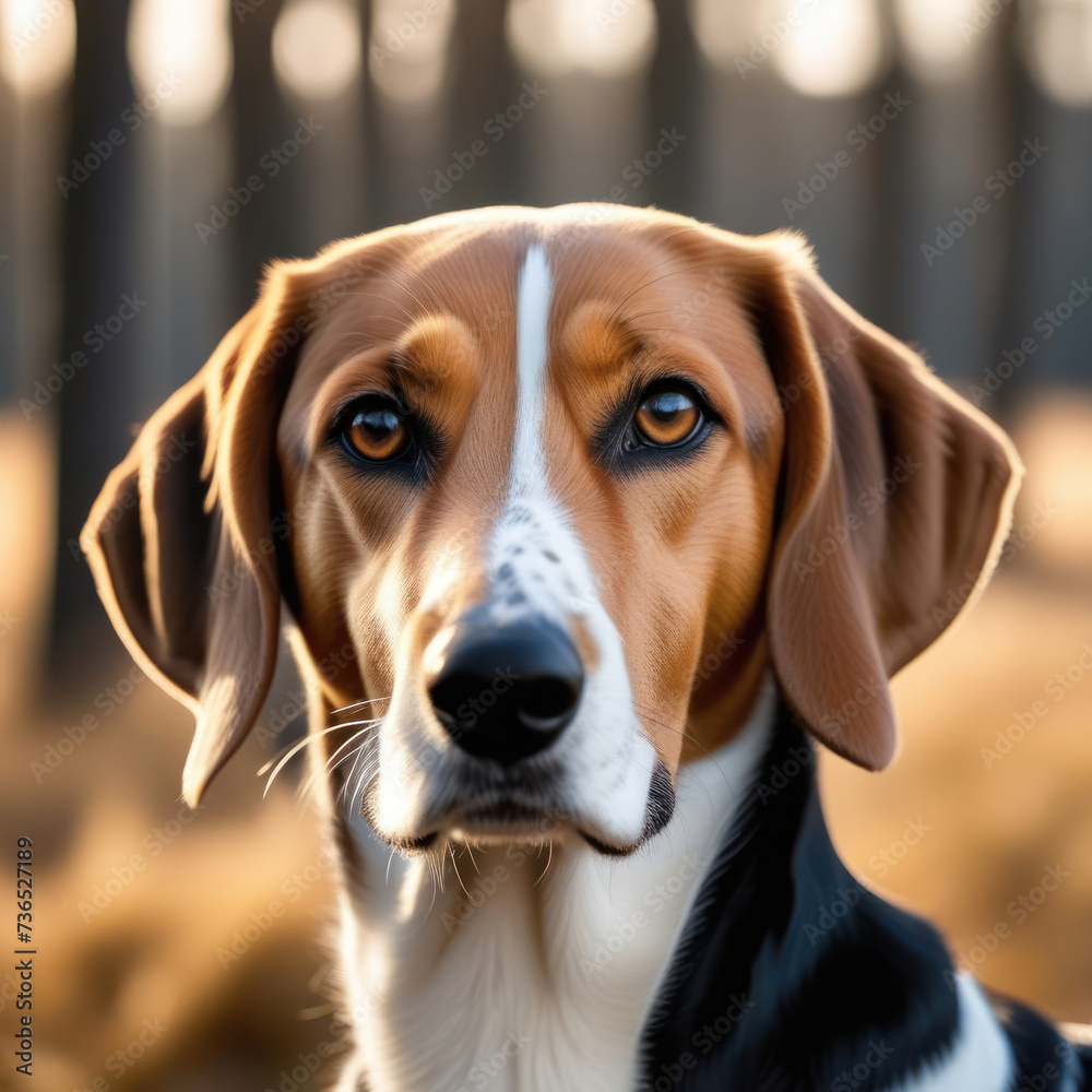 Portrait of the dog breed American Foxhound in a public park. Generative AI Portrait of the dog breed American Foxhound in a public park. Generative AI