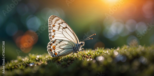 A beautiful butterfly sitting on top of a moss covered ground