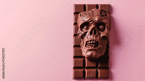 A frighteningly lifelike zombie-shaped chocolate bar stands out against a dreamy pastel pink background, ready to give customers a spooky and delicious treat. Perfect for Halloween parties, photo