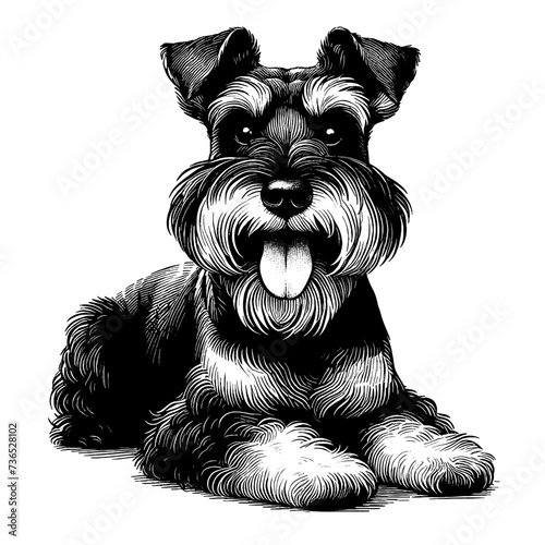 Full-length Schnauzer portrait. Hand Drawn Pen and Ink. Vector Isolated on White. Engraving vintage style illustration for print, tattoo, t-shirt, coloring book	