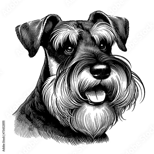 Happy Schnauzer portrait. Hand Drawn Pen and Ink. Vector Isolated in White. Engraving vintage style illustration for print, tattoo, t-shirt, coloring book