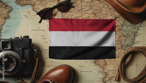 Yemen flag lies on the map surrounded by camera, glasses, travel and tourism concept