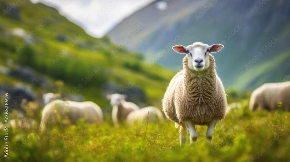 Sheep on green pastures on blurred background