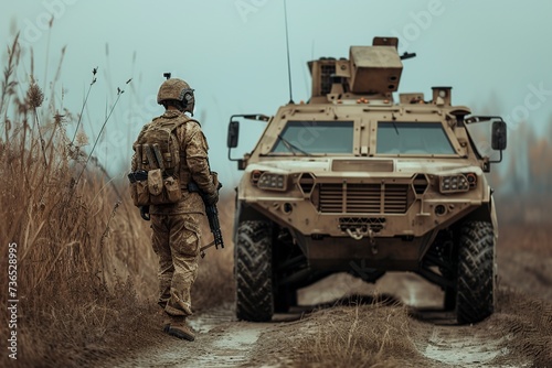 soldier facing the destruction of war with a military vehicle in the resistance