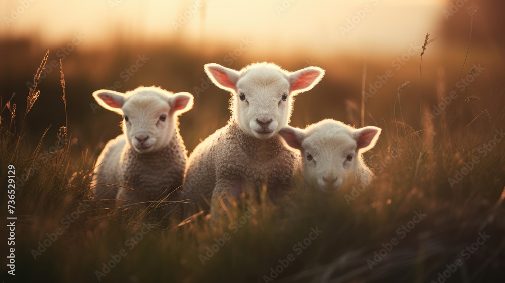 Sheep on green pastures on blurred background