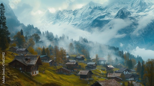 Misty alpine village with traditional wooden houses against snow-capped mountains and forest.
