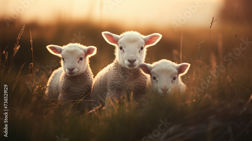 Sheep on green pastures on blurred background