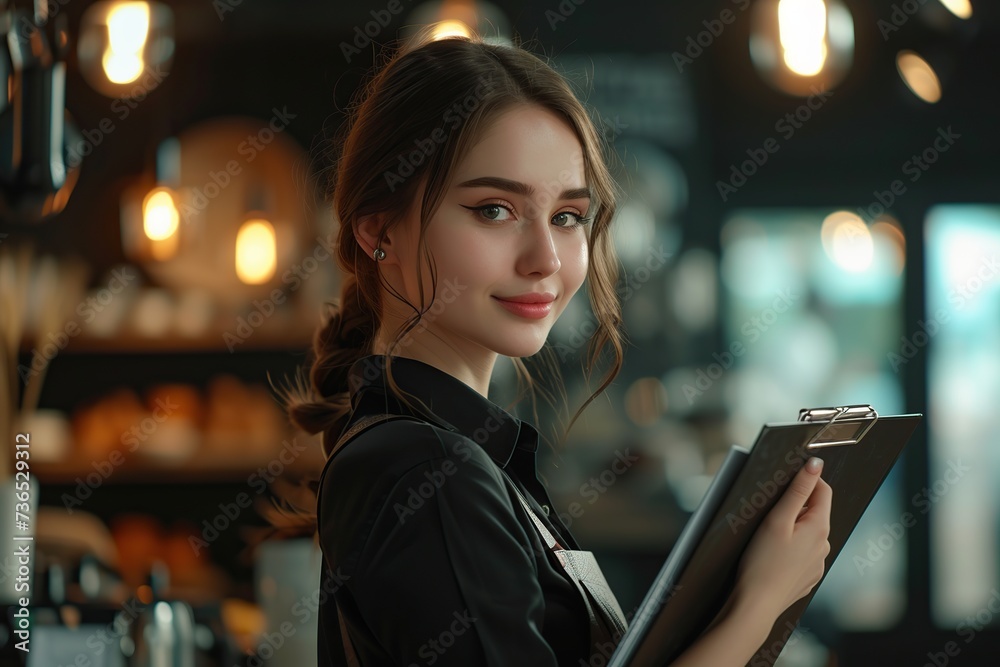 Beautiful woman waitress in apron and holding clipboard in cafe
