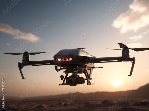 Quadro copter flies in air. Unmanned drone flying in the sky above the clouds. Generative AI