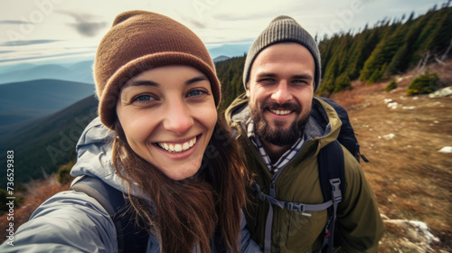 Nature, hiking happy couple having fun and enjoy mountain climbing journey