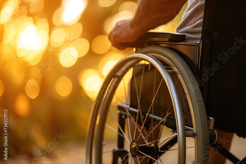 Male hand on wheelchair in the park with sunlights