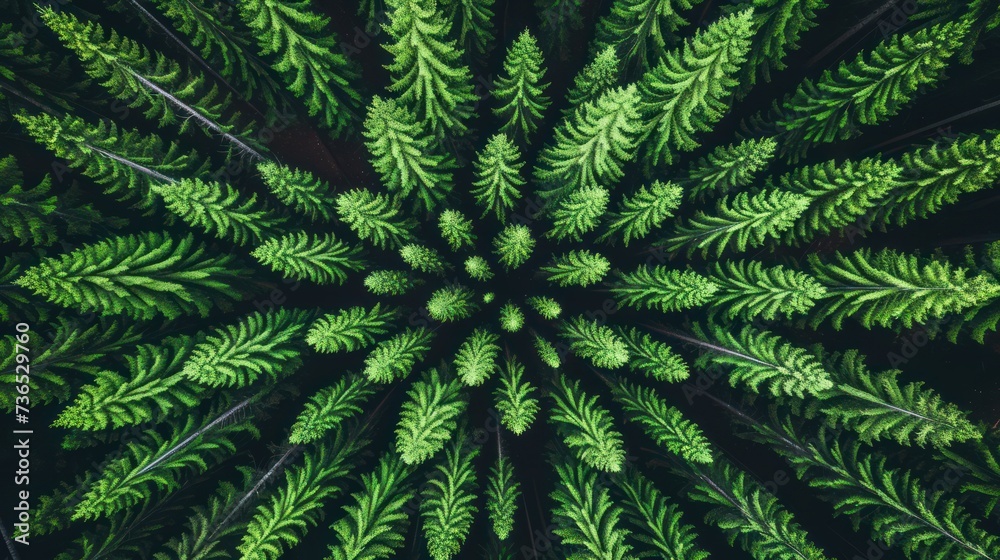 Top view of lush green fern leaves forming a natural spiral pattern, perfect for backgrounds and nature themes.