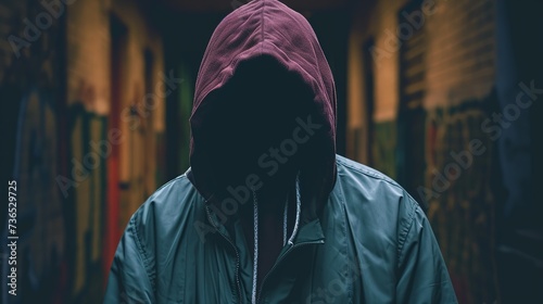 Mysterious person in hoodie standing in a dark alleyway, face obscured, evoking themes of anonymity and urban life.