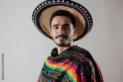 Beautiful young mexican man wearing sombrero and poncho on white background