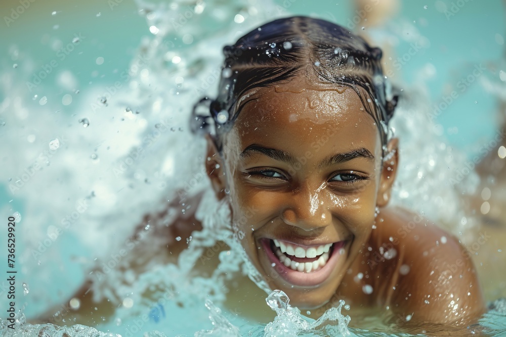 joyful african american girl swimming in the pool