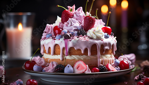 Birthday cake with strawberry and raspberry decoration, whipped cream indulgence generated by AI
